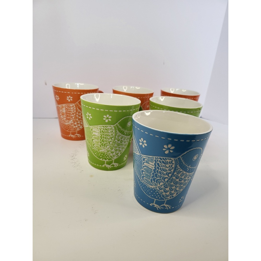 Now Designs Bird Mugs Set of 6 Ceramic Folk Art Orange Green Blue Coffee Cups